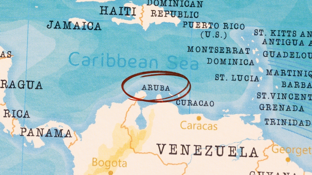 map of the Caribbean with a circle around Aruba's location 